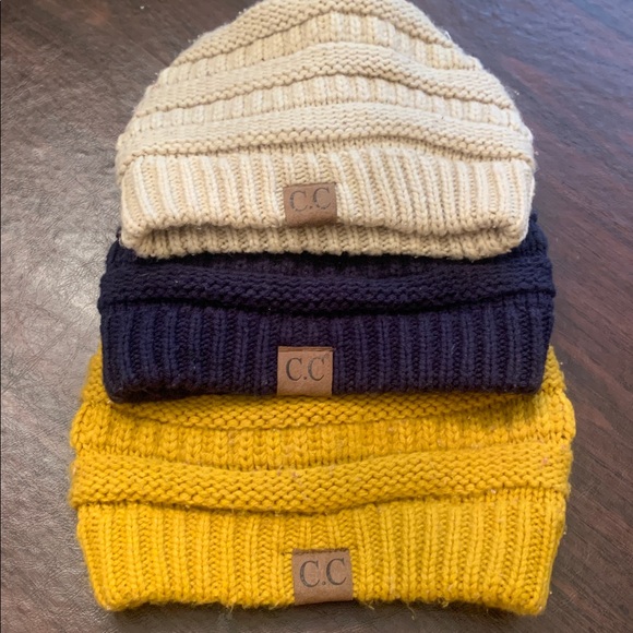 C.C Beanie Trio in Dark Blue, Beige, and Mustard Yellow - Picture 3 of 4